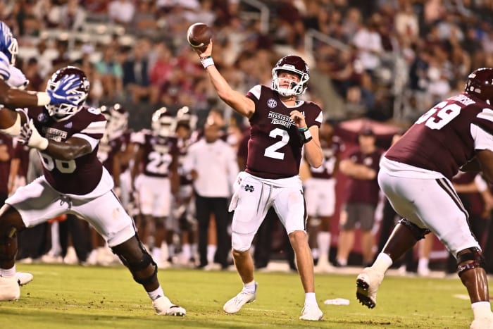 Sep 3, 2022; Starkville, Mississippi, USA; Mississippi State Bulldogs quarterback Will Rogers (2) makes a pass against the Memphis Tigers during the second quarter at Davis Wade Stadium at Scott Field. Mandatory Credit: Matt Bush-USA TODAY Sports